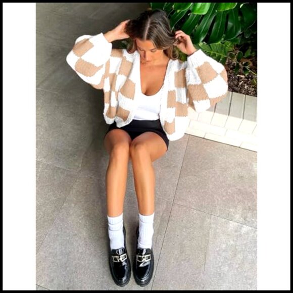 Cropped Cardigan Sweater Open Front Chunky Knit Oversized Women's - Picture 4 of 6